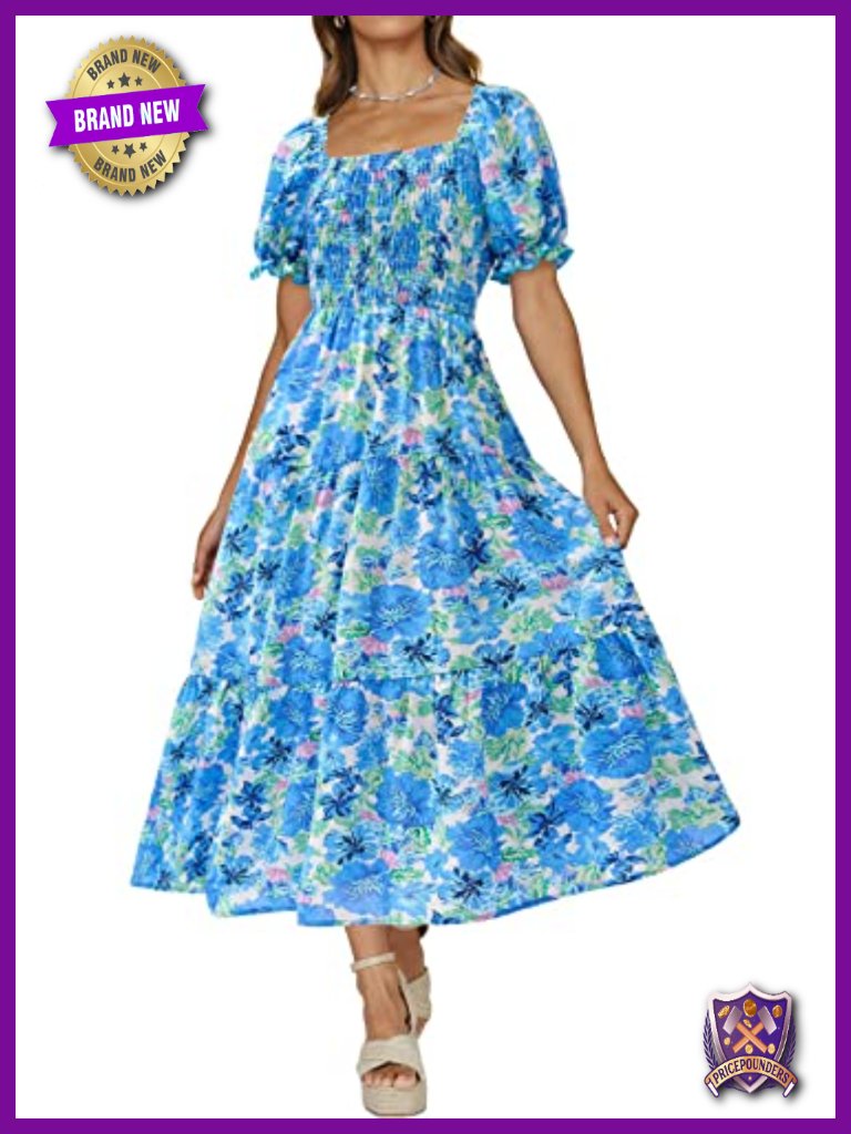 Boho Floral Smocked Square Neck Puff Sleeve A-Line Maxi Dress